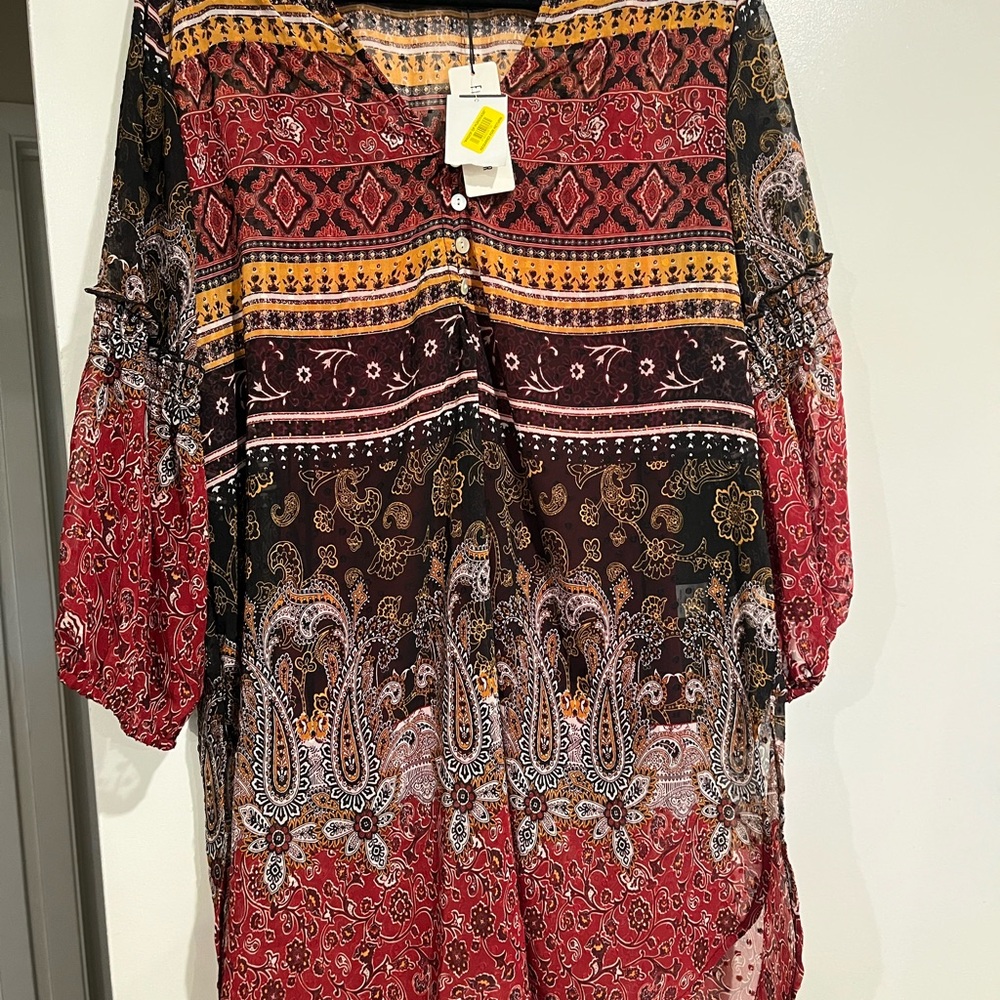 Boho Paisley Print Women's Blouse in Red and Black and Yellow